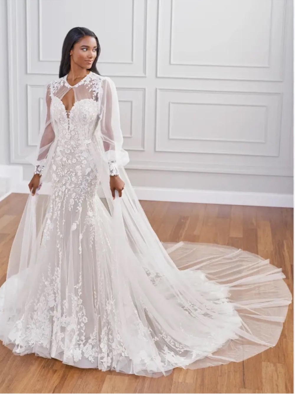 Wedding Dress Tulle Lace Topper Long Sleeve Overlay Bridal Jacket Sz 10
